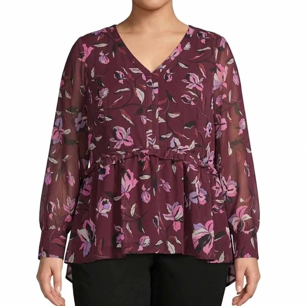Lane Bryant Long Sleeve Merlot  Floral Zipped Tunic Career Top Blouse women’s 20